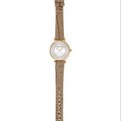 Emporio Armani Gianni T Bar Crystals Silver Dial Brown Leather Strap Watch For Women - AR11518